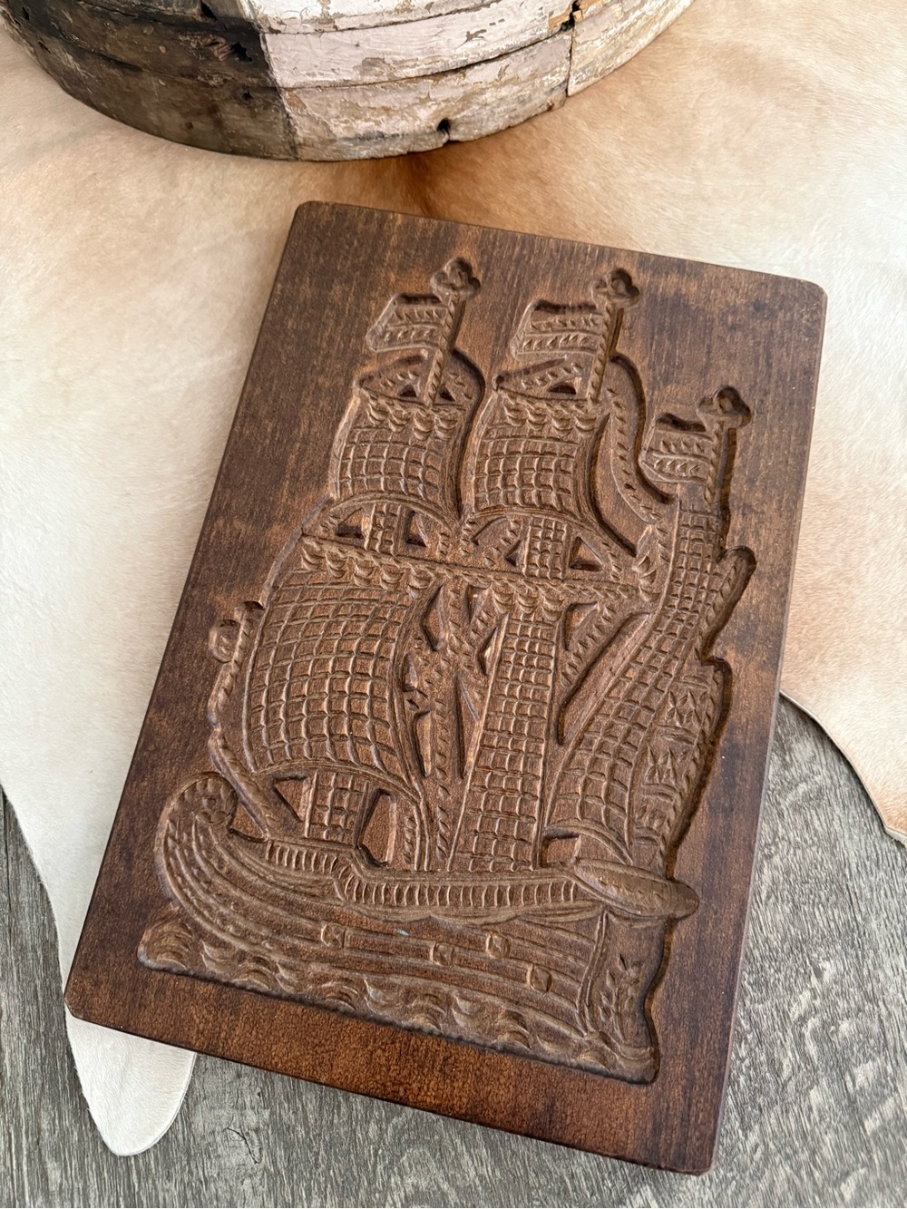 Antique Hand Carved Wood Speculaas Cookie Mold Ship Wall Hanging Large